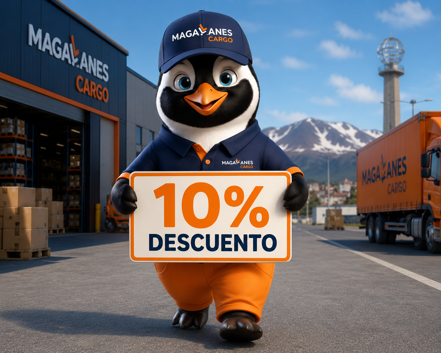 Mascota de Magallanes Cargo con cartel de 10% de descuento en envíos