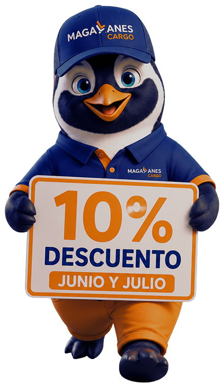Mascota Magallanes Cargo con cartel 10% de descuento junio y julio
